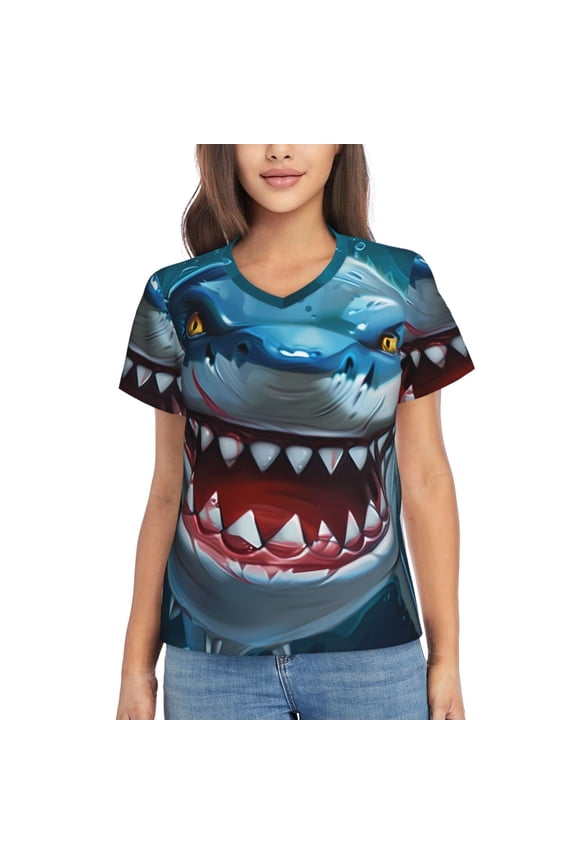 Cartoon Cute Shark Print Women's Classic V-Neck T-Shirt, Short Sleeve V Neck Tees for Casual Everyday Wear,Casual Fit Tee,Summer Fashion Tops-3X-Large