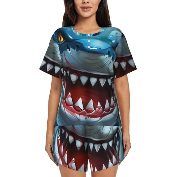 Fuzoiu Cartoon Cute Shark Print Women's Short-Sleeved Pajama Set,Lounge Sleepwear Set,Womens Pajama Sets 2 Piece,Button-Up Top and Shorts with Pockets-3X-Large