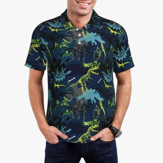 Fuzoiu Cartoon Dinosaur Print Men's Polo Shirts Short Sleeve,Golf Shirts for Men,Mens Golf Shirt Moisture Wicking Quick-Dry-3X-Large
