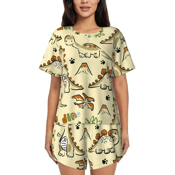 Fuzoiu Cartoon Dinosaurs Print Women's Short-Sleeved Pajama Set,Lounge Sleepwear Set,Womens Pajama Sets 2 Piece,Button-Up Top and Shorts with Pockets-X-Large