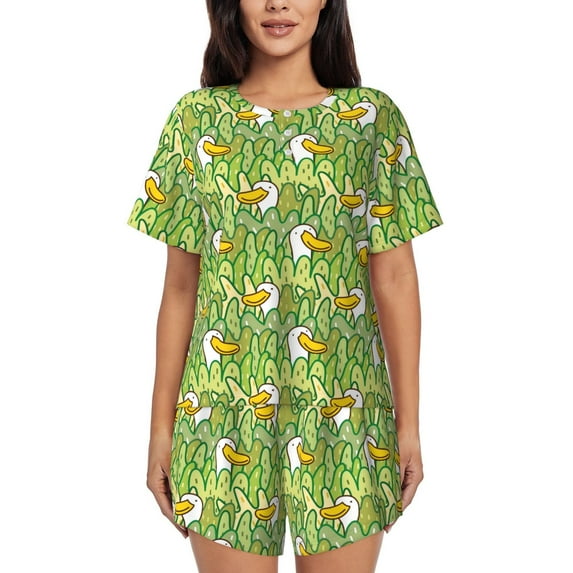Fuzoiu Cartoon Duck Print Women's Short-Sleeved Pajama Set,Lounge Sleepwear Set,Womens Pajama Sets 2 Piece,Button-Up Top and Shorts with Pockets-3X-Large