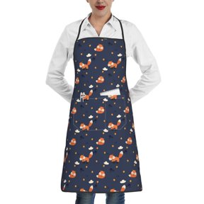 Fuzoiu Cartoon Fox Print Kitchen Cooking Aprons,Kitchen Cooking BBQ Aprons,Chef Apron with 2 Pockets for Men Women,Art Aprons for Painting Pottery Ceramics