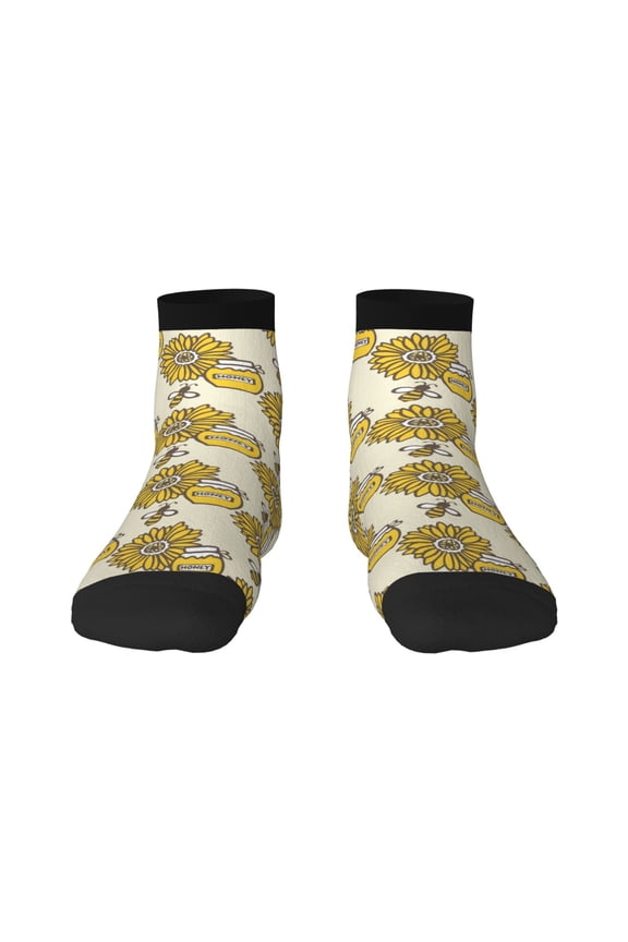 Cartoon Honey Pot Bee Sunflower Print Adult Socks, Crew Moisture-wicking Socks, Unisex Cushion Crew Socks,Casual Sports Ankle Socks