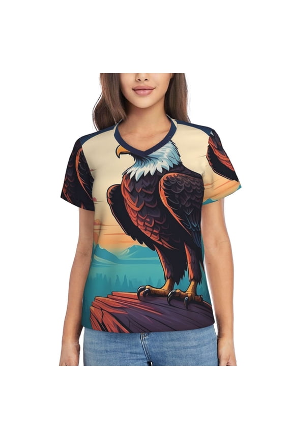 Cartoon Iceberg Bald Eagle Print Women's Classic V-Neck T-Shirt, Short Sleeve V Neck Tees for Casual Everyday Wear,Casual Fit Tee,Summer Fashion Tops-XX-Large