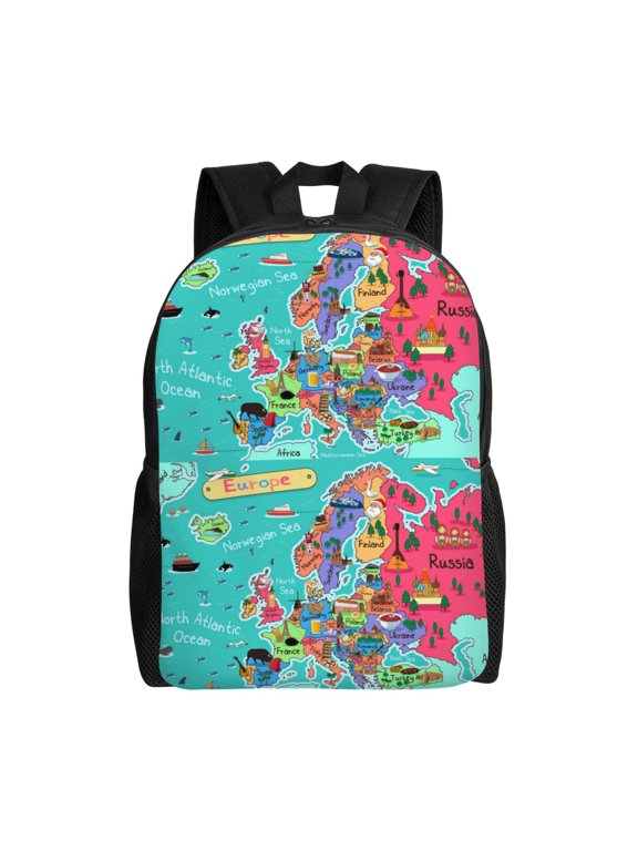 Cartoon Map Of Europe Print Laptop Backpack,Work Business Backpacks, Large Capacity Nurse Bag College Bookbag for School, Waterproof Casual Daypack for Travel
