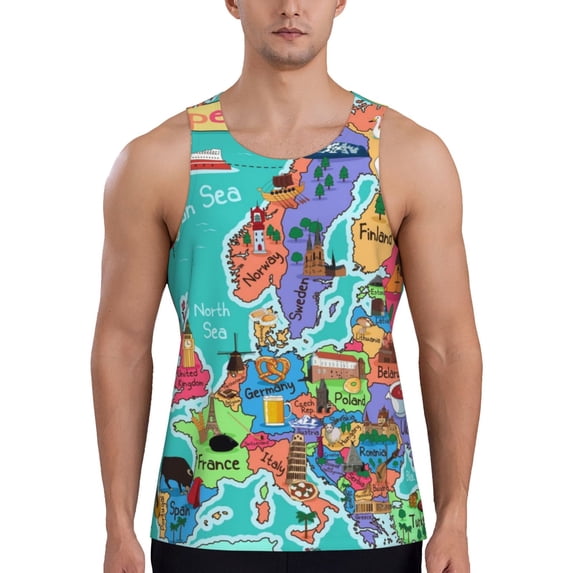 Fuzoiu Cartoon Map Of Europe Print Men's Workout Tank Tops,Sleeveless Gym Shirt Quick Dry,Fitness Bodybuilding T-Shirt,Muscle Athletic Workout Tee-Large