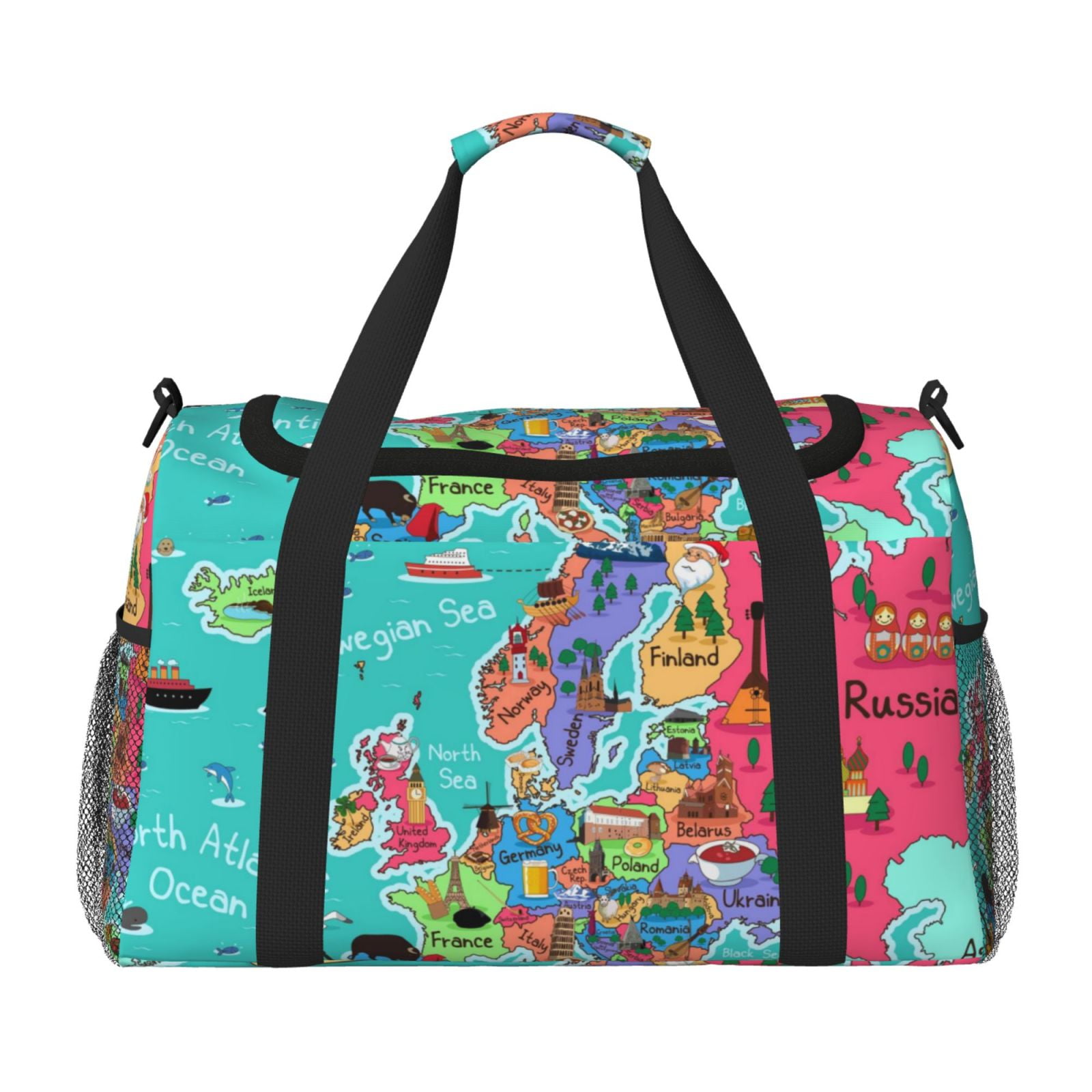 Fuzoiu Cartoon Map Of Europe Print Travel Duffle Bag,Carry On Tote Bags,Duffel Bag,Sport Gym Bag, Hospital Bag for Labor and Delivery, Overnight Bag,Luggage Bag