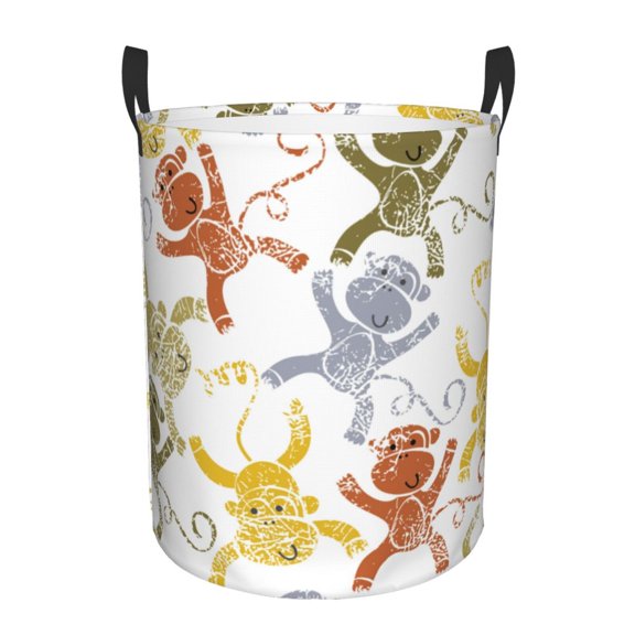 Fuzoiu Cartoon Monkey Print Circular Hamper,Laundry Basket with Handle,Collapsible Laundry,Dirty Clothes Storage Basket,for Bedroom Bathroom Dorm Living Room-Small