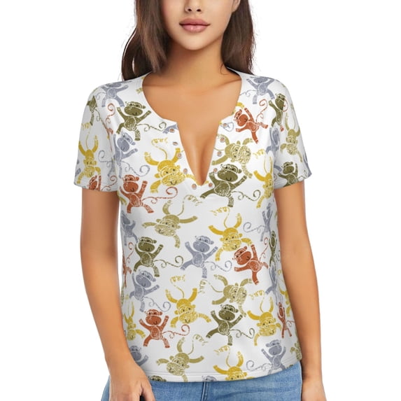 Fuzoiu Cartoon Monkey Print Women's V-Neck T-Shirt,Women's Short Sleeve Top, Comfortable for Work, Leisure, and Sports