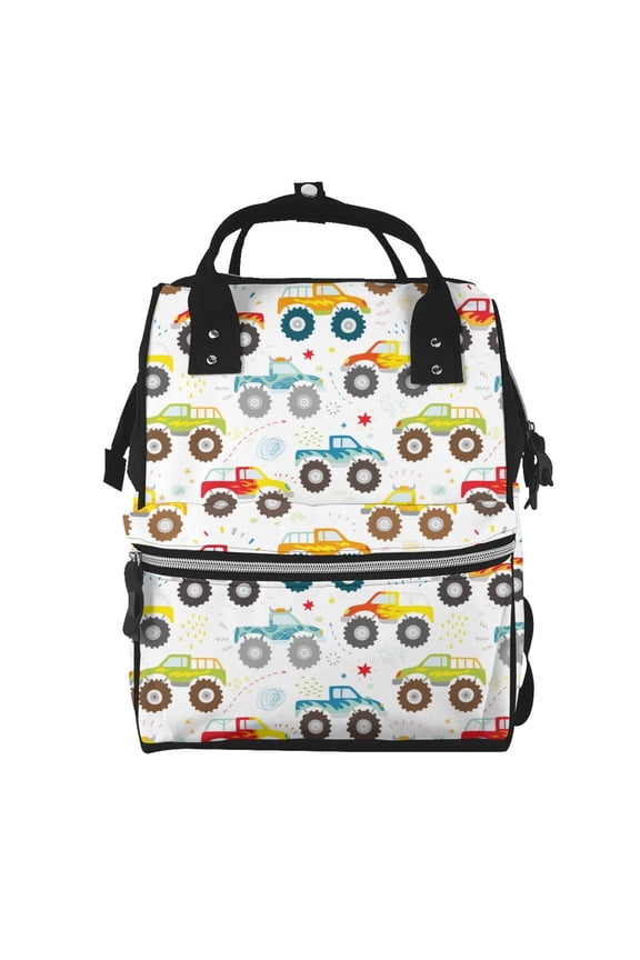 Cartoon Monster Trucks Print Diaper Bag Backpack,Baby Essentials Travel Tote,Multi function Waterproof Diaper Bag, Travel Essentials Baby Bag - Unisex
