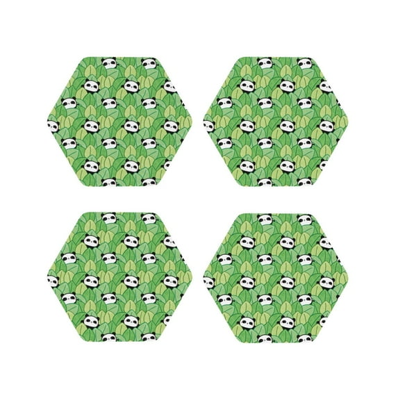 Fuzoiu Cartoon Panda And Leaf 1 Print Leather Coasters Set,Drink Coasters Set of 4,for Tabletop Protection, Durable PVC Coasters,Home Décor and Housewarming Gift-Hexagon