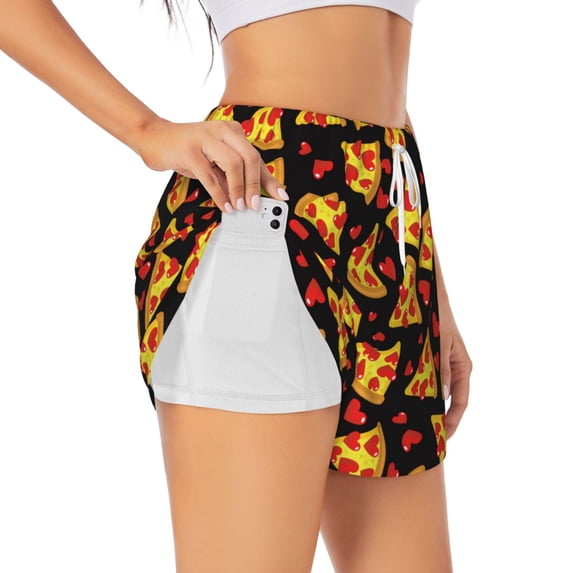 Fuzoiu Cartoon Pizza Print Women's Athletic Shorts, Double-Layer Running Shorts with Pocket,Women's Workout Shorts for Yoga, Gym, and Workouts-Small