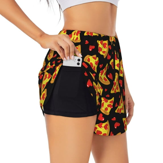 Fuzoiu Cartoon Pizza Print Women's Athletic Shorts, Double-Layer Running Shorts with Pocket,Women's Workout Shorts for Yoga, Gym, and Workouts-Small