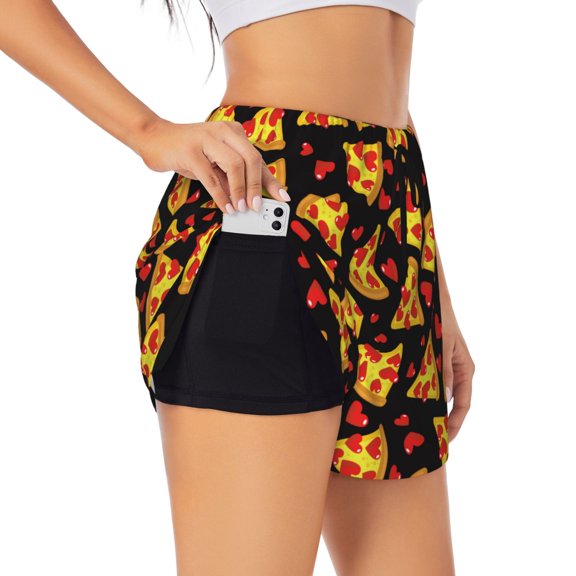 Fuzoiu Cartoon Pizza Print Women's Athletic Shorts, Double-Layer Running Shorts with Pocket,Women's Workout Shorts for Yoga, Gym, and Workouts-Small