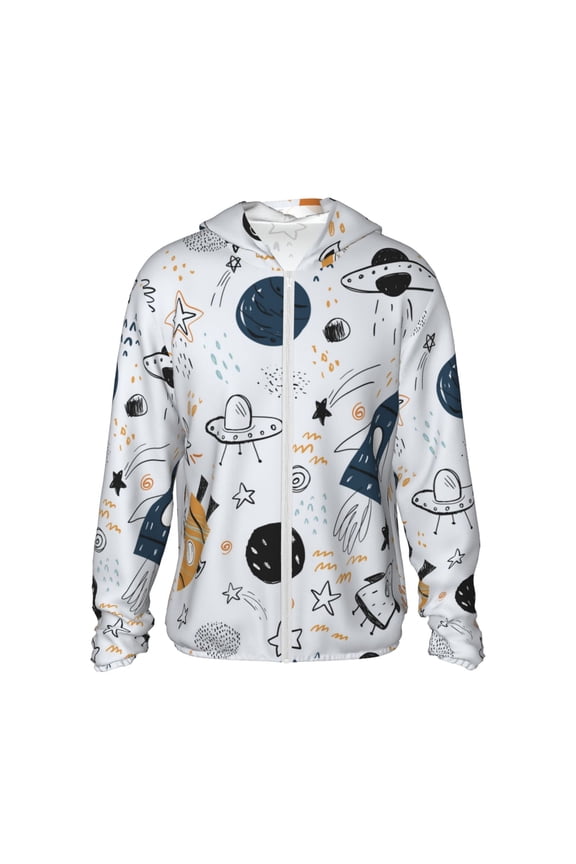 Cartoon Planets Print Unisex Sun Protection Hoodie,UPF 50+ Light Jacket,Full Zip Sun Protection Hoodie,Long Sleeve Sun Shirts,for Outdoor Activities-X-Large