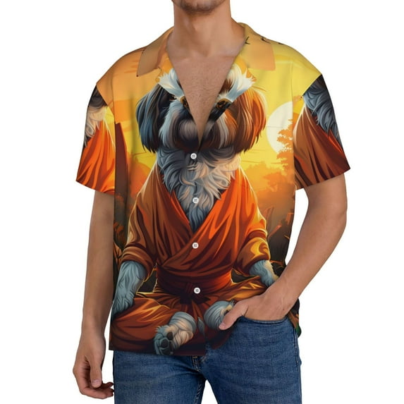 Fuzoiu Cartoon Puppy Sunset Print Men's Casual Short,Men's Short Sleeve Shirt,Mens Casual Button Down Shirts,Cuban Collar Summer Shirt for Beach, Vacation, and Outdoor Activities-Large