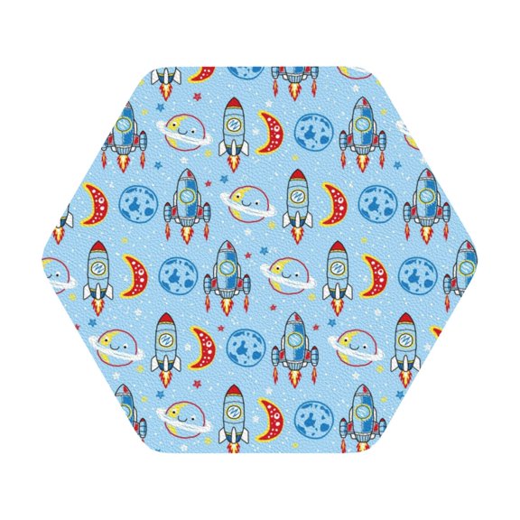 Fuzoiu Cartoon Rocket With Space Print Leather Coasters Set,Drink Coasters Set of 6,for Tabletop Protection, Durable PVC Coasters,Home Décor and Housewarming Gift,Hexagon