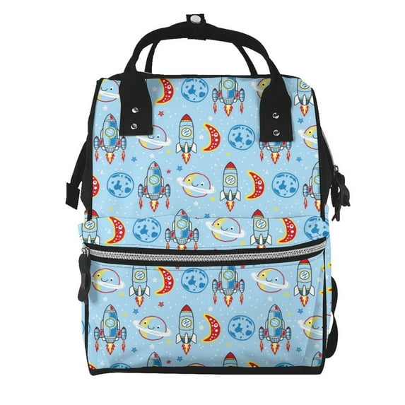 Fuzoiu Cartoon Rocket With Space Print Diaper Bag Backpack,Baby Essentials Travel Tote,Multi function Waterproof Diaper Bag, Travel Essentials Baby Bag - Unisex