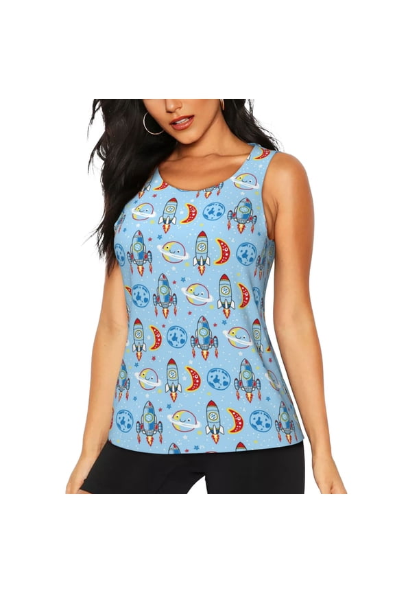 Cartoon Rocket With Space Print Women's Workout Tank Top,Athletic Racerback Sports Tank,Tops Sleeveless Running Loose Fit Yoga Tops,Active Shirts for Yoga, Running, and Gym-XX-Large