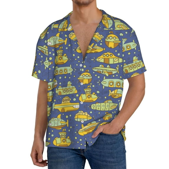 Fuzoiu Cartoon Submarines Print Men's Casual Short,Men's Short Sleeve Shirt,Mens Casual Button Down Shirts,Cuban Collar Summer Shirt for Beach, Vacation, and Outdoor Activities-Small