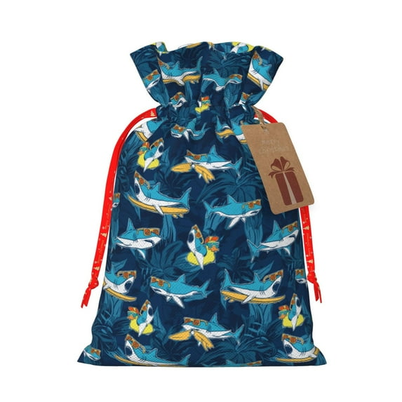 Fuzoiu Cartoon Surfer Sharks Print Christmas Gift Bag,Burlap Gift Bag with Drawstring Closure & Hang Tag,Perfect for Holidays, Birthdays, and Special Occasions-Small
