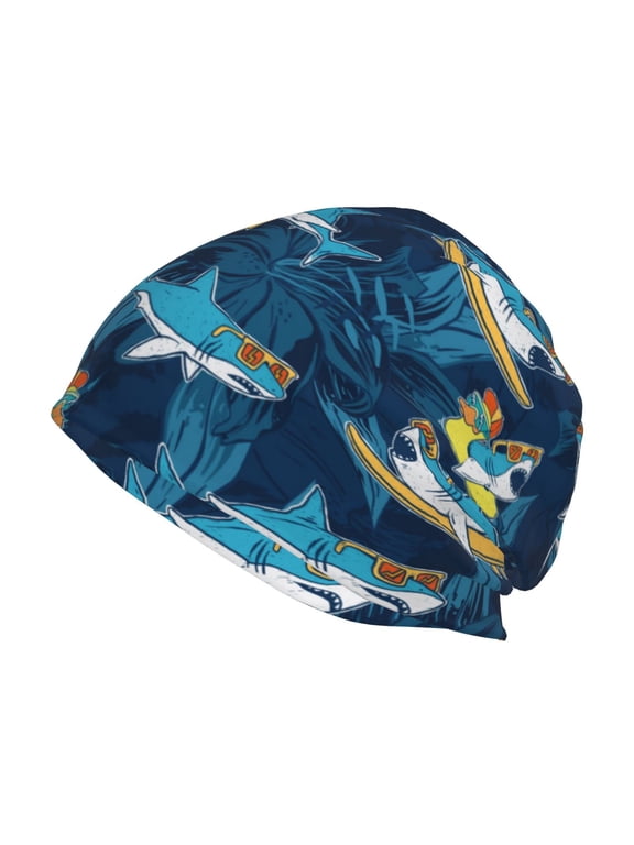 Cartoon Surfer Sharks Print Winter Beanie Hat for Men & Women,Warm Knit Cap,Women Windproof Watch Hat,Knit Warm Unisex Beanie