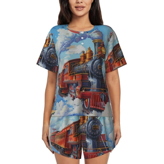 Fuzoiu Cartoon Train Hot Air Balloon Print Women's Short-Sleeved Pajama Set,Lounge Sleepwear Set,Womens Pajama Sets 2 Piece,Button-Up Top and Shorts with Pockets-X-Large