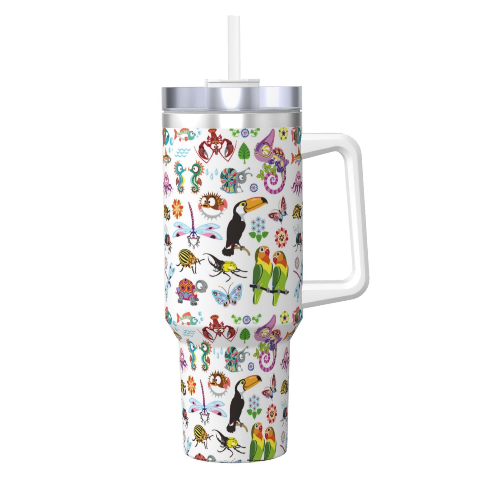 Fuzoiu Cartoon Wild Animals Print 40OZ Ice Bully Stainless Steel Insulated Cup with Handle and ...