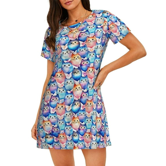 Fuzoiu Cartoon colorful cute cat Print Women Nightgowns, Soft Comfy Lightweight Short Sleeves Sleepwear,Crew Neck Loungewear