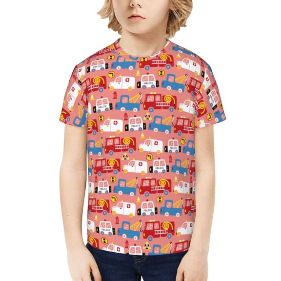 Fuzoiu Cartoon with Traffic Elements Print Boys' Casual T-Shirt,Crewneck Undershirts,Boys Athletic Shirt,Short Sleeve T-Shirts for Outdoor Play