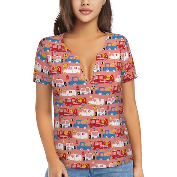Fuzoiu Cartoon with Traffic Elements Print Women's V-Neck T-Shirt,Women's Short Sleeve Top, Comfortable for Work, Leisure, and Sports
