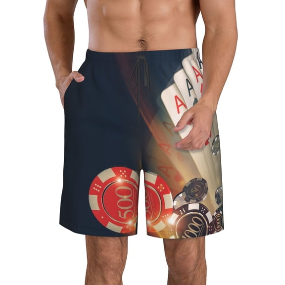 Fuzoiu Casino Poker Chips Print Men's Beach Shorts,Men's Swim Trunks,Quick Dry Board Shorts with Pockets,Men's Bathing Suits for Surfing, Running, and Casual Wear-Small