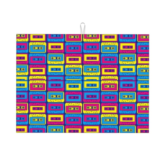 Fuzoiu Cassette Tapes Print Absorbent, Reversible Microfiber Dish Drying Mat for Kitchen, Dish Drying Pad for Dishes, Utensils, Pots and Pans, Extra Large 18 Inch x 24 Inch