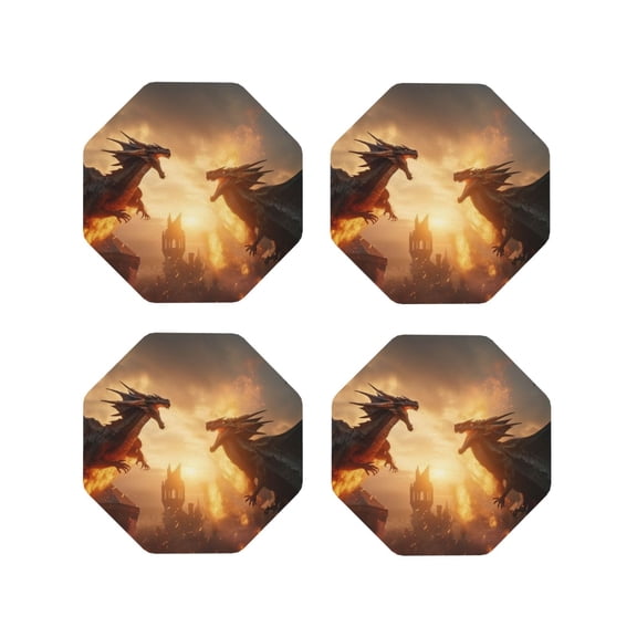 Fuzoiu Castle Cool Fire Dragon Print Leather Coasters Set,Drink Coasters Set of 4,for Tabletop Protection, Durable PVC Coasters,Home Décor and Housewarming Gift-Octagon