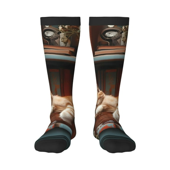 Fuzoiu Cat Asleep Among Flowers Print Adult Stockings,Crew Socks,Unisex Fashion Socks, Casual Sports Socks,Comfortable Crew Socks for Everyday Wear and Sports