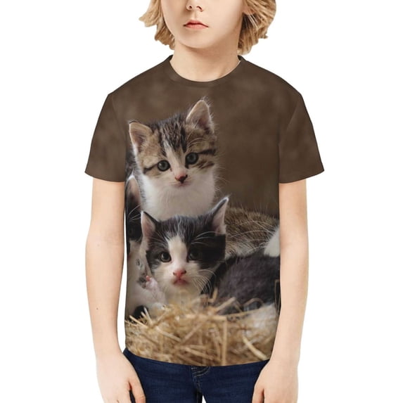 Fuzoiu Cat Family Print Boys' Casual T-Shirt,Crewneck Undershirts,Boys Athletic Shirt,Short Sleeve T-Shirts for Outdoor Play