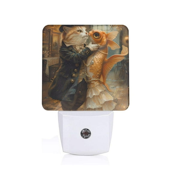 Fuzoiu Cat Fish Dance Vintage Print Dusk to Dawn LED Night Light with Light Sensor, Energy-Efficient Touch-Safe Night Lamp for Home, Office, and Kids' Rooms-UK