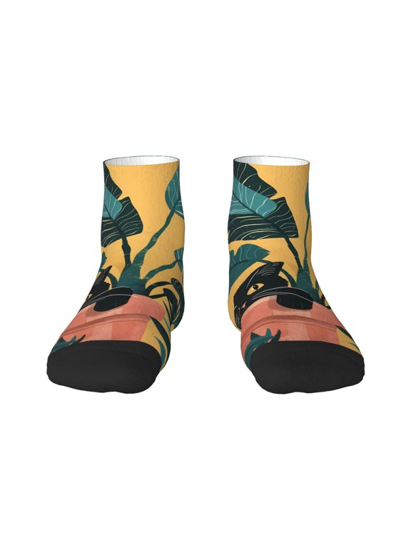 Cat Hiding In Potted Plants Print Adult Socks, Crew Moisture-wicking Socks, Unisex Cushion Crew Socks,Casual Sports Ankle Socks