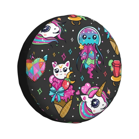 Fuzoiu Cat Icecream Print Universal Spare Tire Cover with Buckle Strap, Waterproof Wheel Covers for Jeep, Trailer, RV, Truck and All Car-17 inch