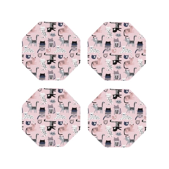 Fuzoiu Cat Print Leather Coasters Set,Drink Coasters Set of 4,for Tabletop Protection, Durable PVC Coasters,Home Décor and Housewarming Gift-Octagon