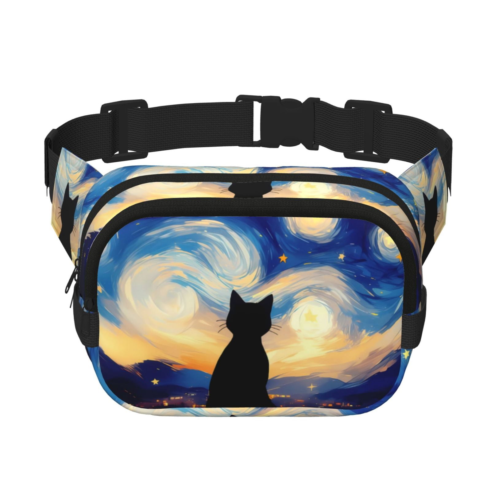 Fuzoiu Cat Under Starry Skies Print Unisex Square Double Layer Waist Bag,Crossbody Fanny Pack Travel Workout Accessory