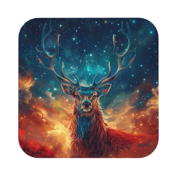 Fuzoiu Celestial Stag Cosmic Glow Print Leather Coasters Set,Drink Coasters Set of 6,for Tabletop Protection, Durable PVC Coasters,Home Décor and Housewarming Gift,Square