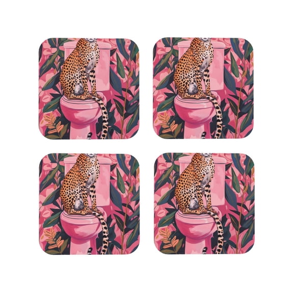 Fuzoiu Cheetah On Toilet Humor Art Print Leather Coasters Set,Drink Coasters Set of 4,for Tabletop Protection, Durable PVC Coasters,Home Décor and Housewarming Gift-Square