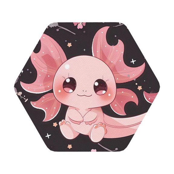 Fuzoiu Chibi Axolotl Sakura Fantasy Print Leather Coasters Set,Drink Coasters Set of 6,for Tabletop Protection, Durable PVC Coasters,Home Décor and Housewarming Gift,Hexagon