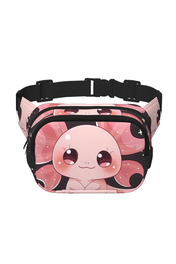 Chibi Axolotl Sakura Fantasy Print Unisex Square Double Layer Waist Bag,Crossbody Fanny Pack Travel Workout Accessory
