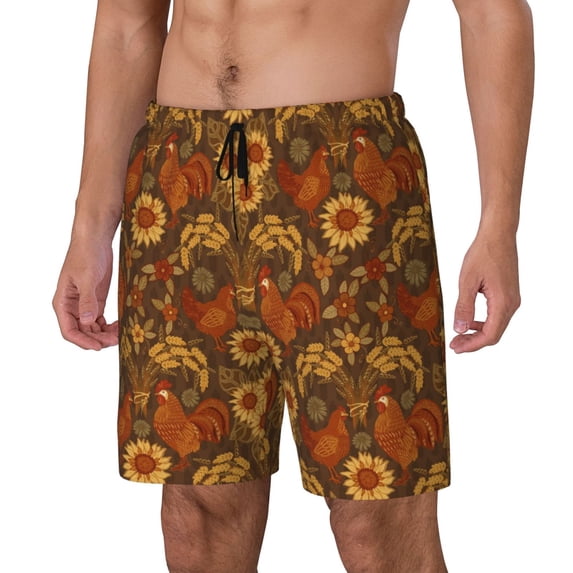 Fuzoiu Chicken And Rooster Print Men's Swim Shorts,Quick-Dry Double-Layer Swim Trunks,Board Trunks,Beach Shorts Swimwear Bathing Suits-Large