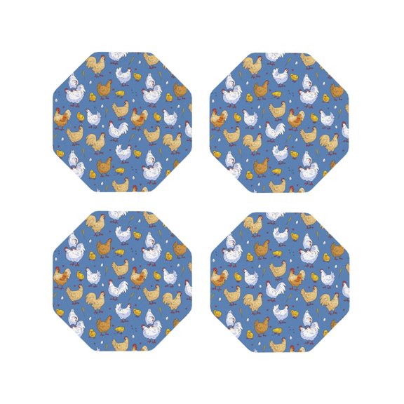 Fuzoiu Chicken Family Print Leather Coasters Set,Drink Coasters Set of 4,for Tabletop Protection, Durable PVC Coasters,Home Décor and Housewarming Gift-Octagon