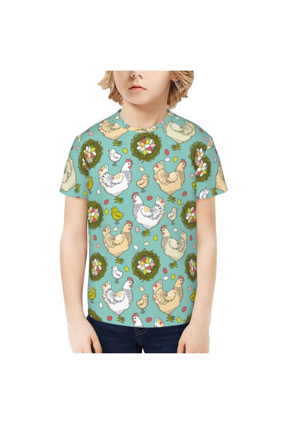 Chicken Laying Eggs Print Boys' Casual T-Shirt,Crewneck Undershirts,Boys Athletic Shirt,Short Sleeve T-Shirts for Outdoor Play