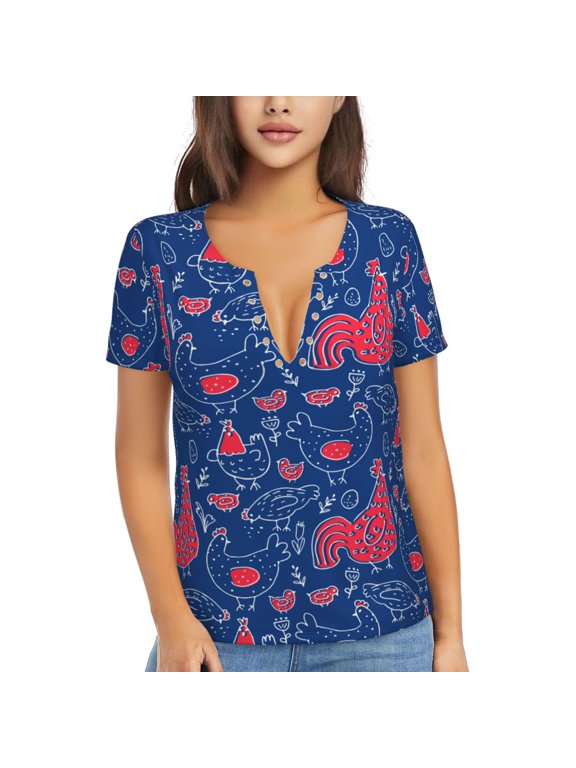 Chicken and Rooster Print Women's V-Neck T-Shirt,Women's Short Sleeve Top, Comfortable for Work, Leisure, and Sports