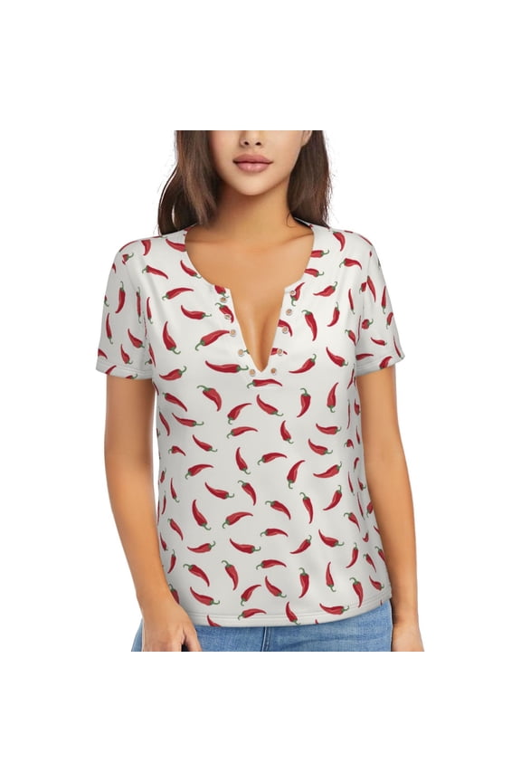 Chili Print Women's V-Neck T-Shirt,Women's Short Sleeve Top, Comfortable for Work, Leisure, and Sports